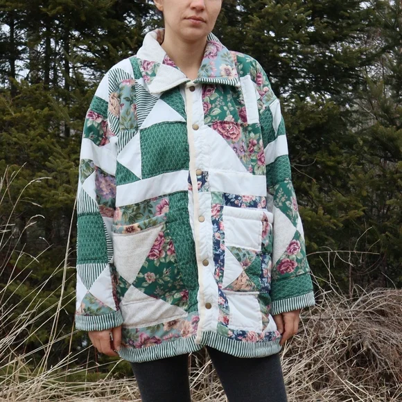 Upcycled Quilt Coat Vintage Handmade Blanket Patchwork Jacket M L XL - Picture 5 of 9